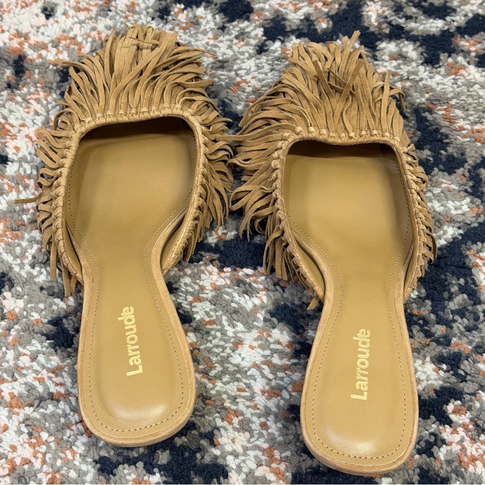 Larroude Tan Suede Fringed Kitten Heel Mule - Picture 10 of 16